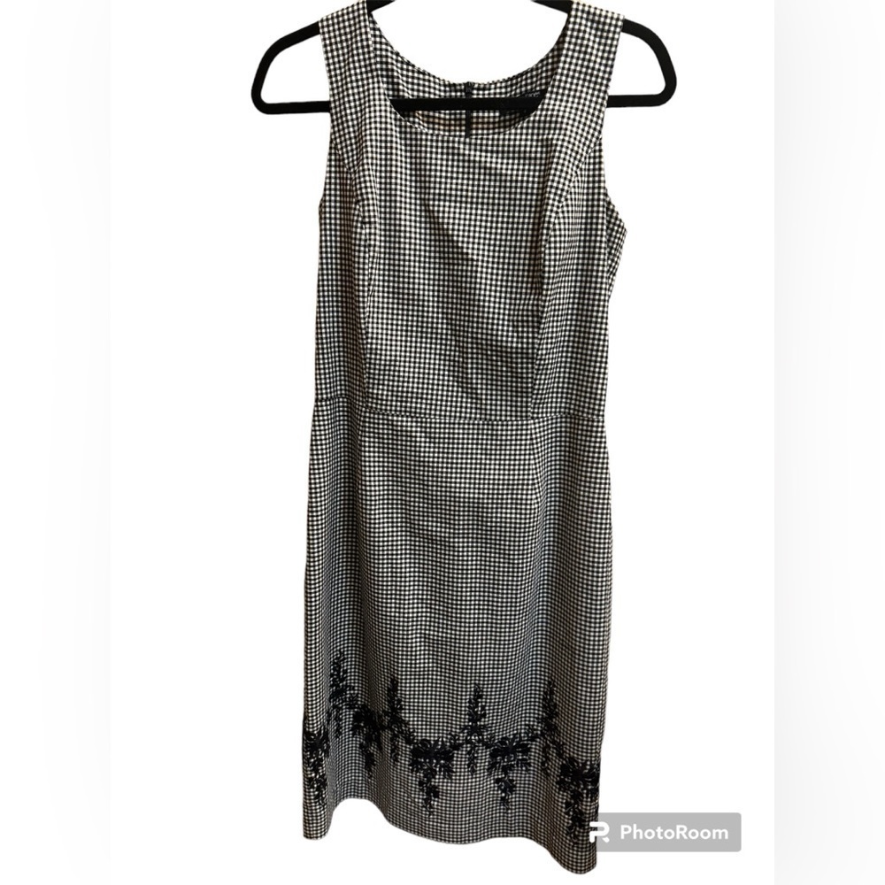 KAREN KANE Sleeveless Check Gingham Floral Black White Midi Lined Dress SZ 4 EUC